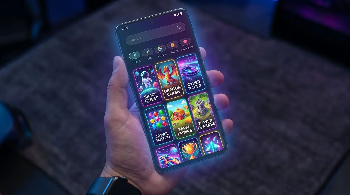 Android smartphone with mobile gaming lobby and game categories