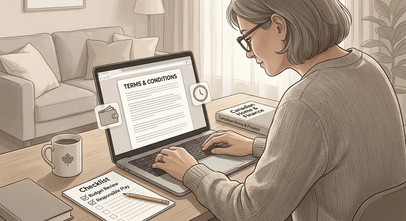 Responsible gaming style image showing a player reviewing bonus rules carefully