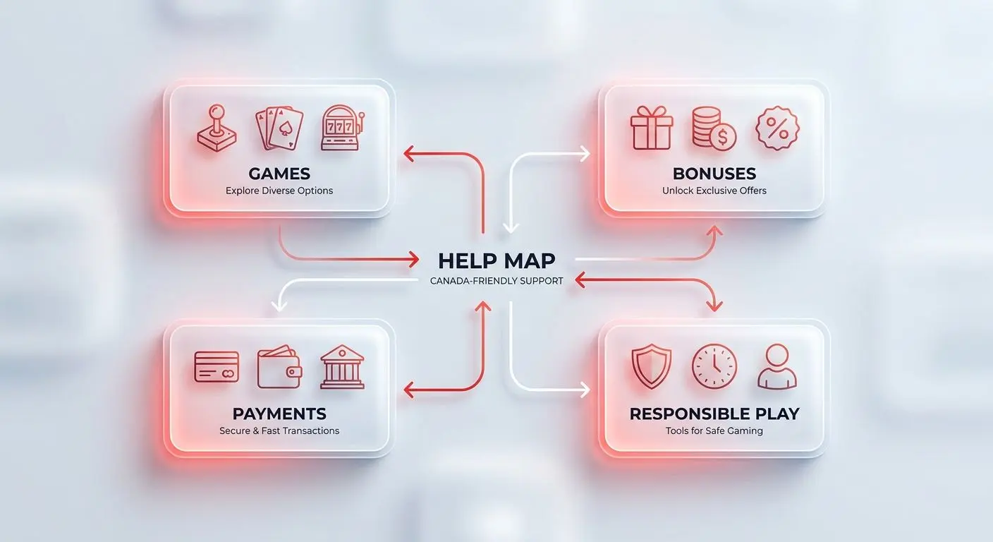 Visual site map with help sections for bonuses payments and support