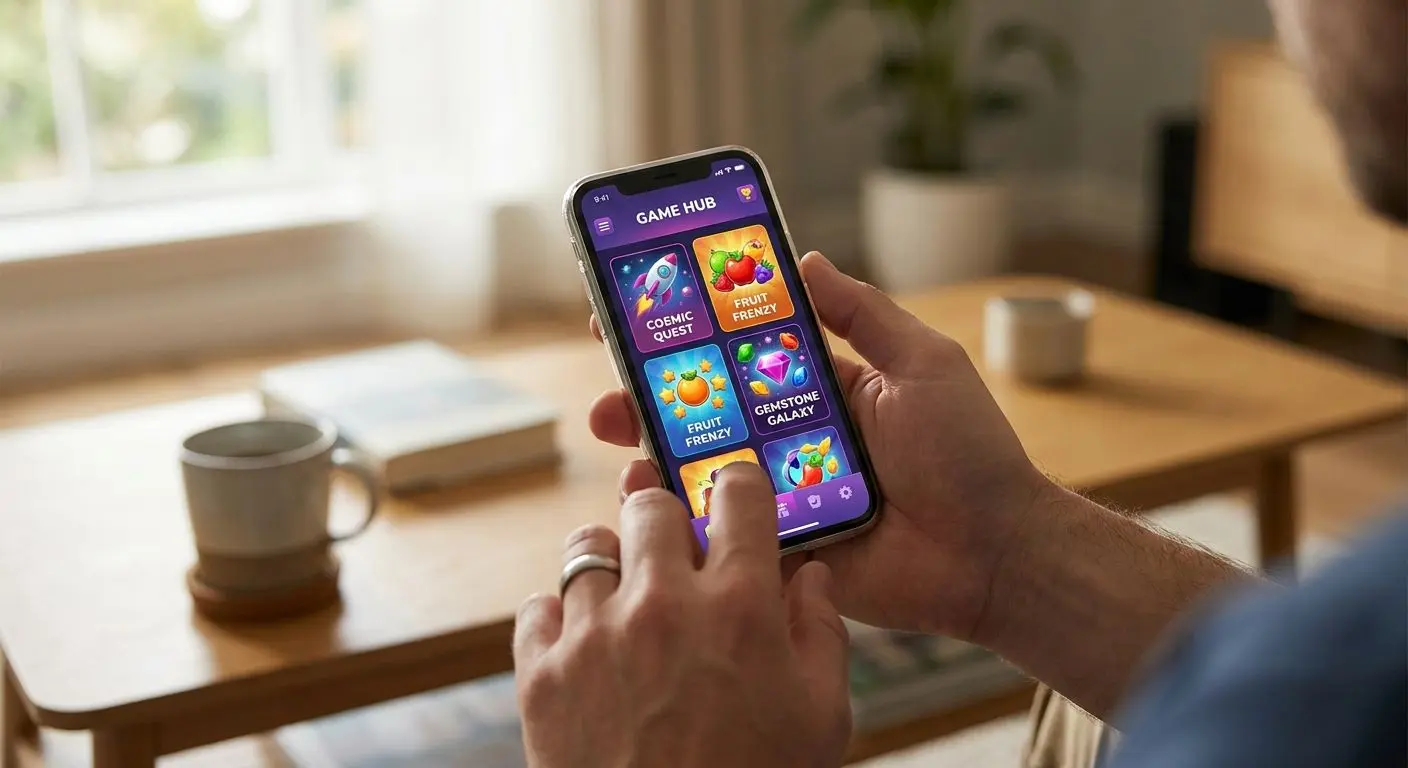 iPhone displaying the PlayOJO app lobby in a user's hand