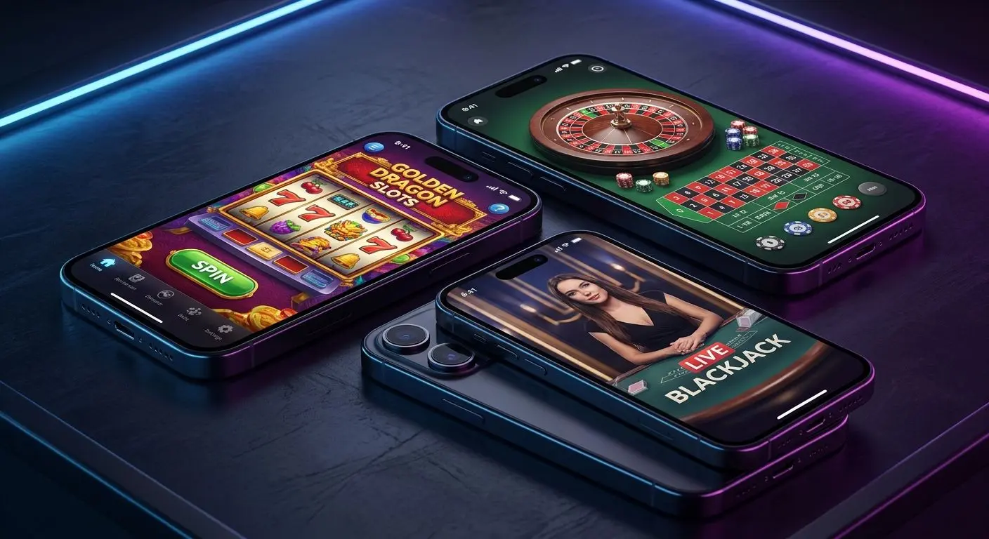 Multiple iPhones showing slots, table games, and live casino screens