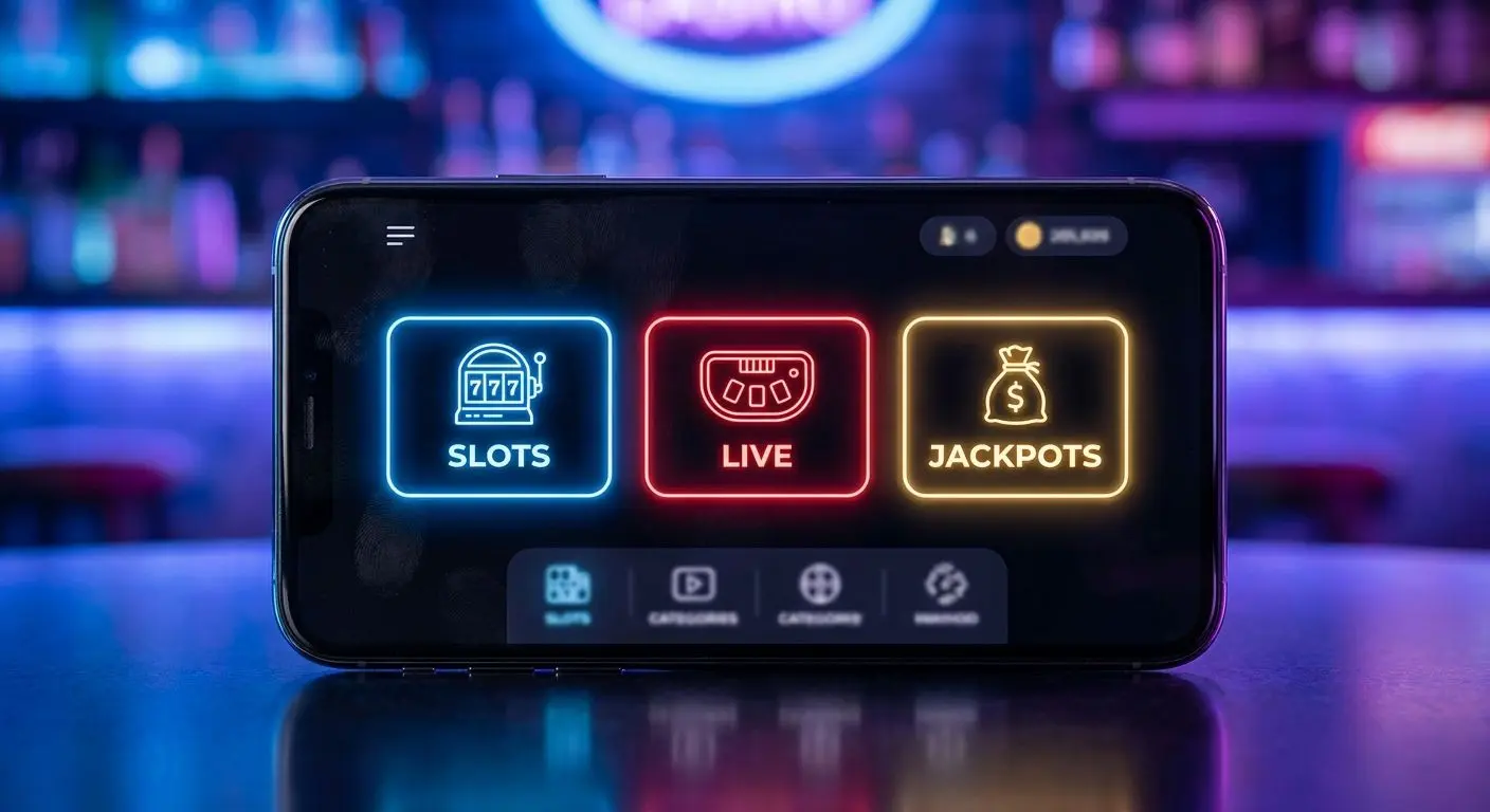 Mobile game lobby categories Mobile gaming lobby with categories for slots, live, and jackpots