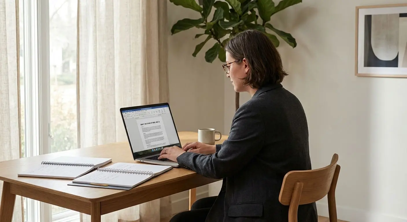 Fictional expert writer working on a laptop in a modern office
