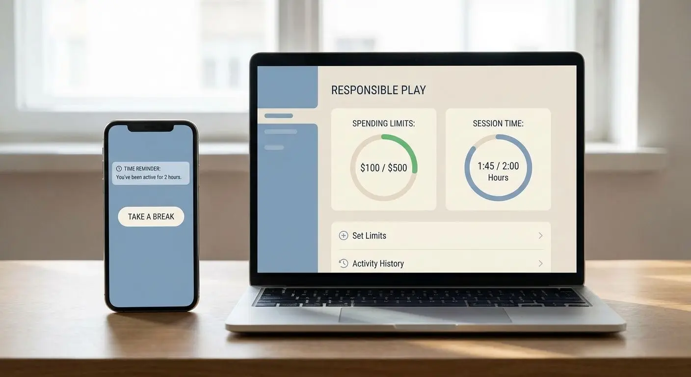 Responsible play dashboard showing limits and time reminders
