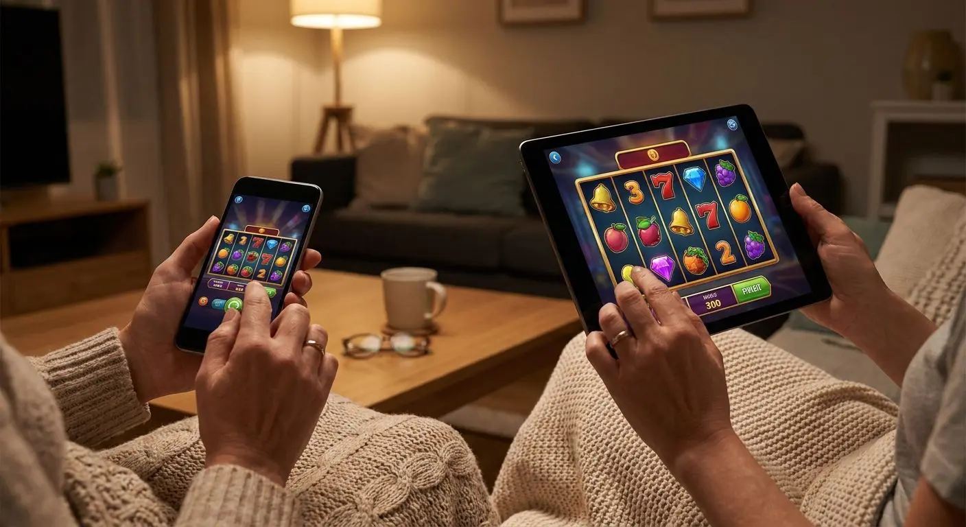 Player using smartphone and tablet to access mobile slot-style games
