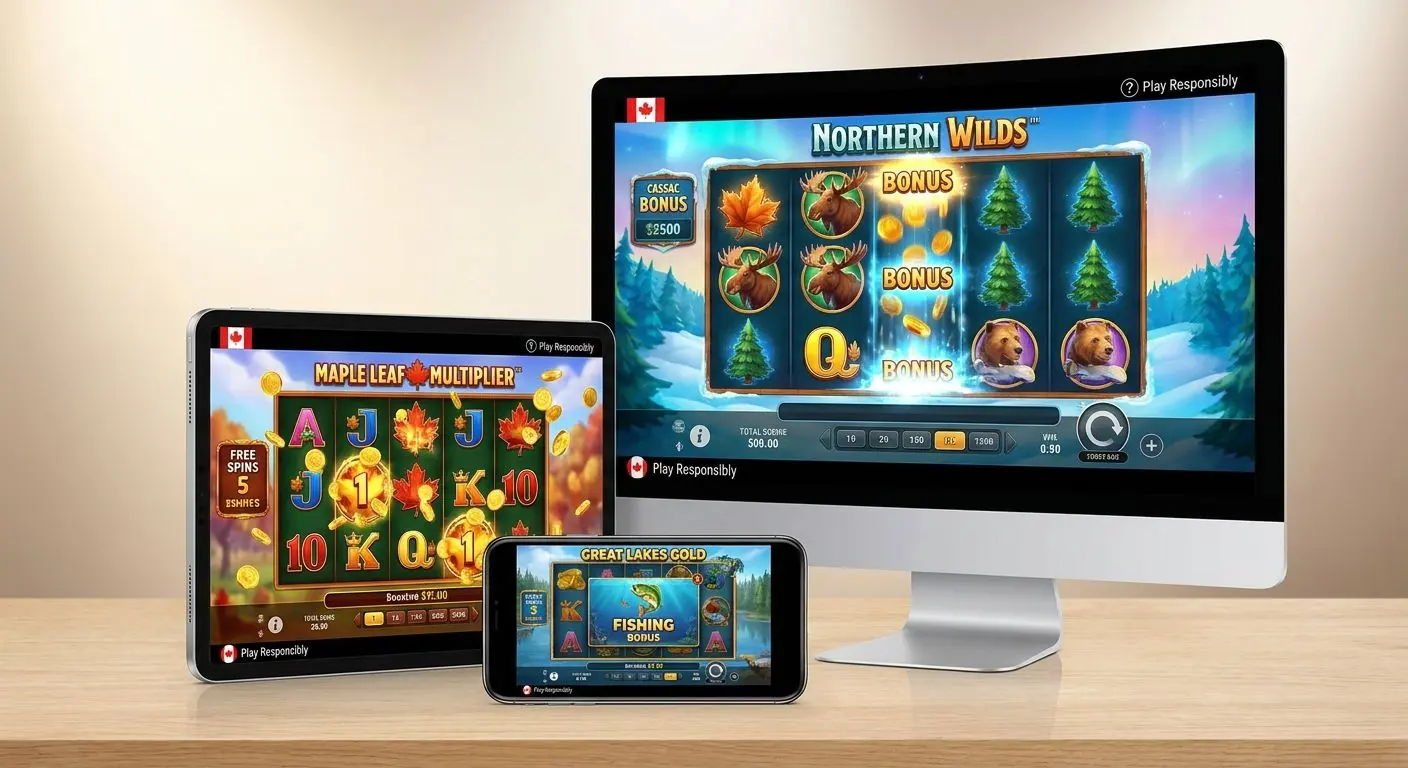 Collage of slot-style game screens on desktop tablet and mobile devices
