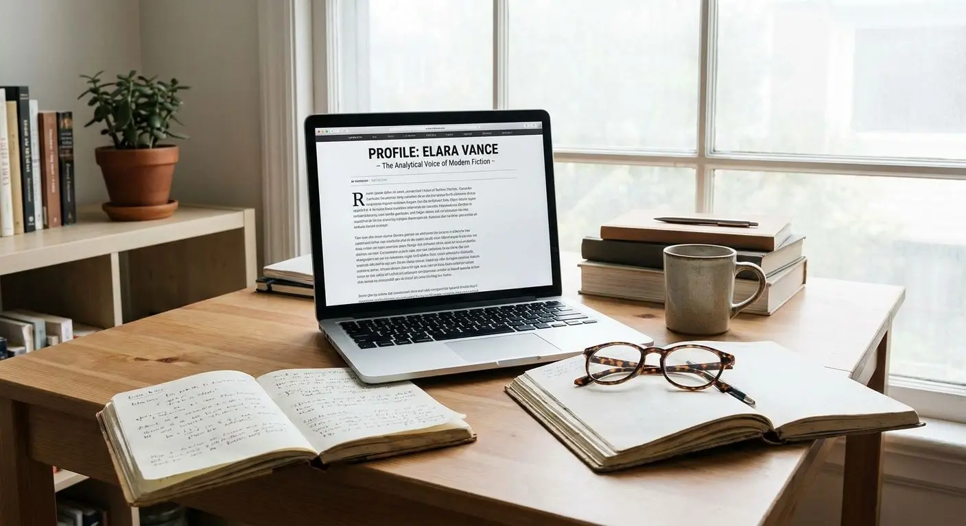 Writer workspace with laptop and notebook for expert content analysis