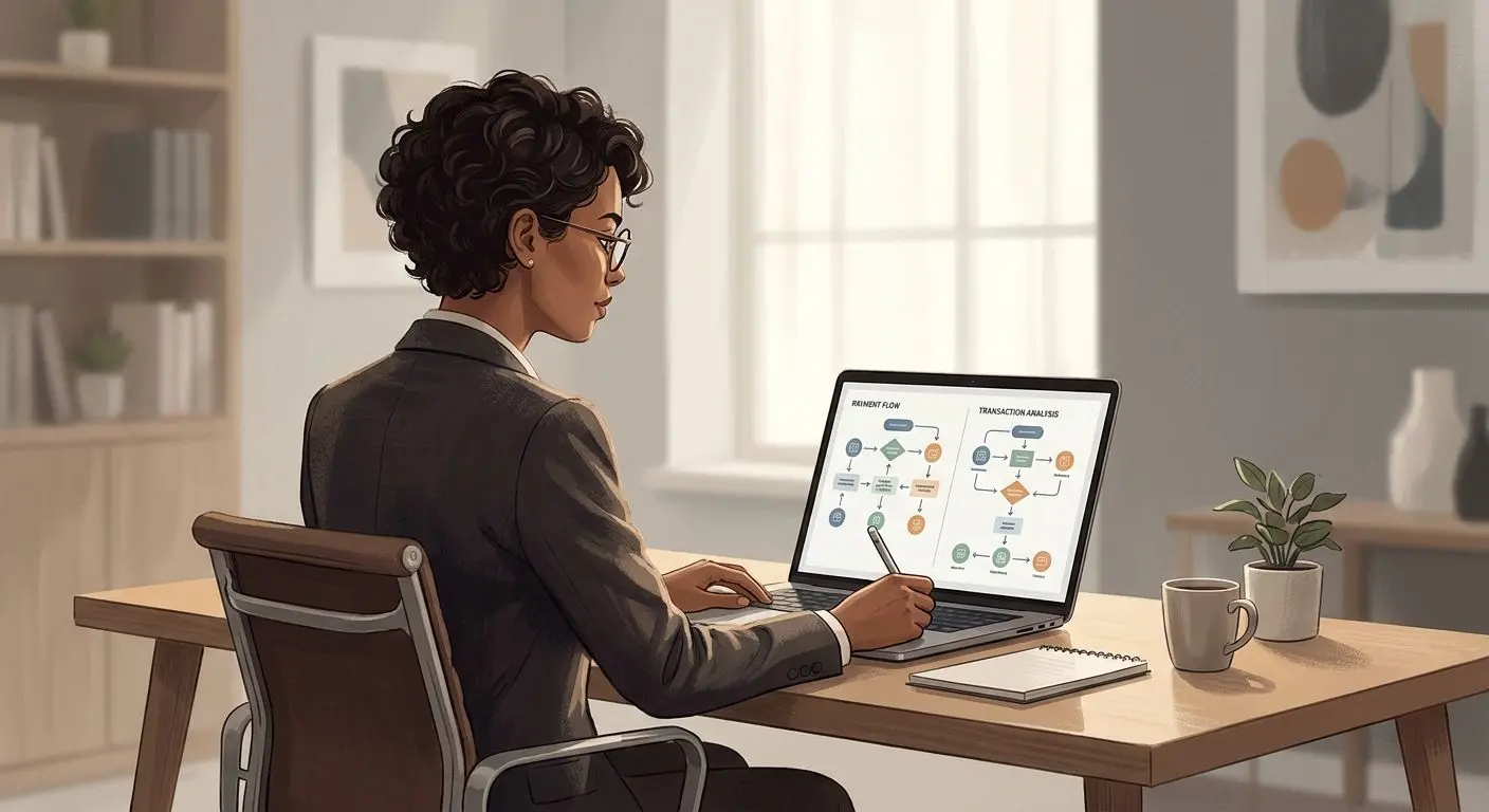 Fictional content analyst reviewing payment method research